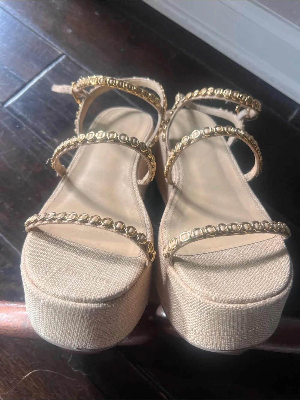 Larroude Gio Milanina Flatform Sandals platform size 10 gold chain raffia heel